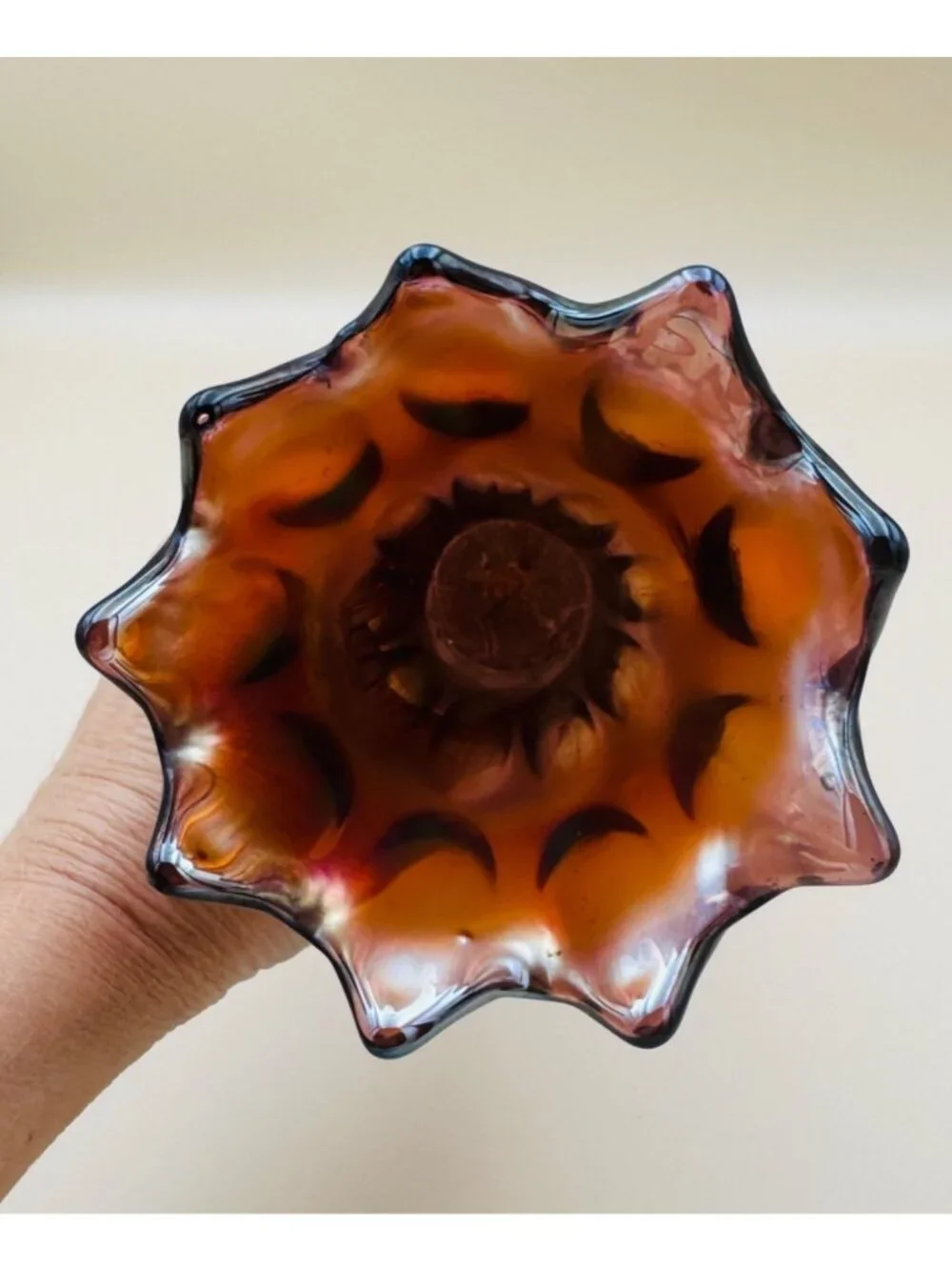 Vintage Fenton Carnival Glass Vase Long Thumbprint Swung Shape Art 9.5